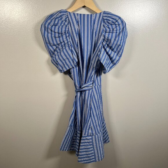 C/Meo Collective Motivations Stripe Mini Wrap Dress Size XS Blue Puff Sleeve - Picture 3 of 11